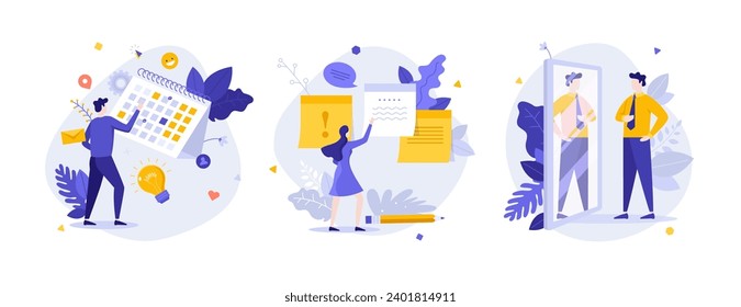 Everyday office planning flat concept vector illustrations set. Corporate events schedule and formal dress-code cartoon composition. Company rules creative idea for website, mobile, presentation