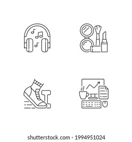 Everyday office worker routine linear icons set. Listening music in headphones. Daily schedule. Customizable thin line contour symbols. Isolated vector outline illustrations. Editable stroke