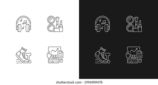 Everyday office worker routine linear icons set for dark and light mode. Listening music in headphones. Customizable thin line symbols. Isolated vector outline illustrations. Editable stroke