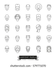 Juego de iconos de línea de vectores de avatares para personas de todos los días. Colección de 25 rostros humanos.