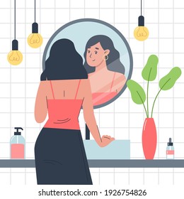 Everyday personal care, skincare daily routine, girl stands in front of a mirror in the bathroom and looks at herself in reflection