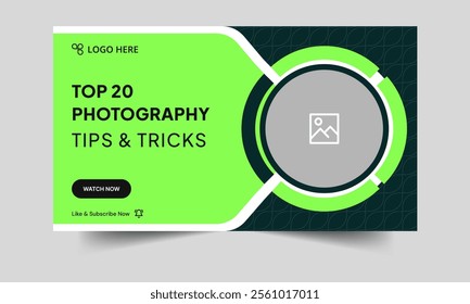 Everyday photography techniques video cover banner design, editable camera photography video thumbnail banner design, fully editable vector eps 10 file format