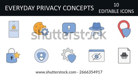 Everyday privacy concepts icon set — 10 vector symbols for online security and personal data protection, including incognito mode, encrypted chat, and privacy settings for digital safety.