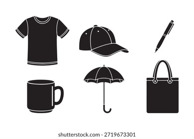 Everyday promotional items silhouette vector pack featuring t-shirt, cap, mug, pen, umbrella, and tote bag