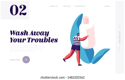 Everyday Routine and Bathing Website Landing Page. Tiny Male Character Carry Huge Cosmetics Bottle with Shampoo or Cream. Man in Bathroom, Hygiene Web Page Banner. Cartoon Flat Vector Illustration