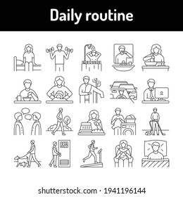 Everyday routine black line icons set. Isolated vector element. Outline pictograms for web page, mobile app, promo. Editable stroke.