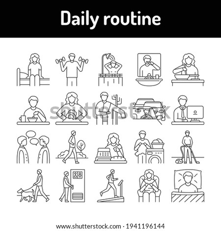 Everyday routine black line icons set. Isolated vector element. Outline pictograms for web page, mobile app, promo. Editable stroke.