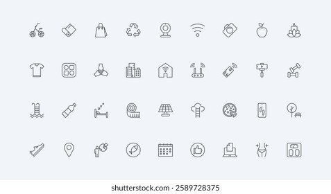 Everyday routine, fitness, meditation for wellbeing thin black outline symbols vector illustration. Daily life in city, devices and gadgets for modern sustainable lifestyle line icon set