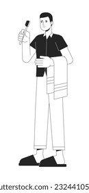 Carácter de vector blanco negro de rutina diaria de línea plana. Esquema editable hombre cuerpo completo cepillar dientes y sujetar la toalla en blanco. Autocuidado caricatura simple ilustración puntual aislada para diseño gráfico web