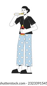 Everyday routine flat line color vector character. Editable outline full body woman brushing teeth on white. Self care simple cartoon spot illustration for web graphic design