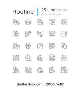 Everyday routine linear icons set. Alarm clock. Coffee break. Tranposrt for transit to work, school. Customizable thin line contour symbols. Isolated vector outline illustrations. Editable stroke