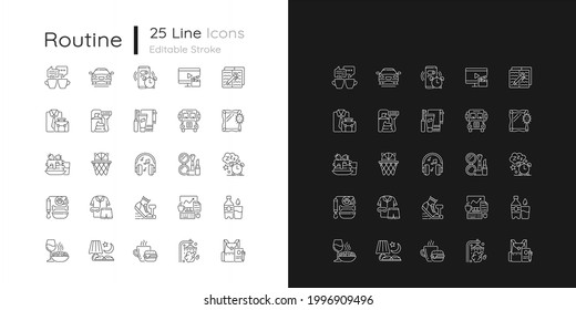 Everyday routine linear icons set for dark and light mode. Alarm clock. Coffee break. Tranposrt for transit. Customizable thin line symbols. Isolated vector outline illustrations. Editable stroke