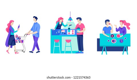 Everyday routine scenes and spend time together of young romantic couple. Pair of boy and girl cooking food and eating. Vector people character. Editable outline stroke size. Colorful flat concept