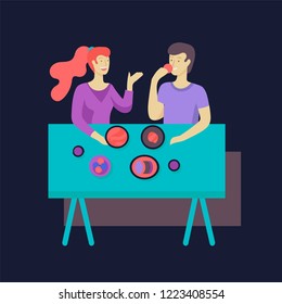 Everyday routine scenes and spend time together of young romantic couple. Pair of boy and girl. Vector people character. Editable outline stroke size. Colorful flat concept illustration.