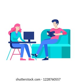 Everyday routine scenes and spend time together of young romantic couple. Pair of boy and girl. Vector people character. Editable outline stroke size. Colorful flat concept illustration.