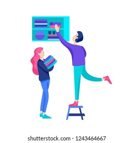 Everyday routine scenes and spend time together of young romantic couple. Pair of boy and girl. Vector people character. Editable outline stroke size. Colorful flat concept illustration.