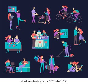 Everyday routine scenes and spend time together of young romantic couple. Pair of boy and girl cleaning up house, cooking food, washing clothes. Vector people character. Editable outline stroke size