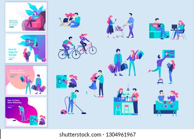 Everyday routine scenes and spend time together of young romantic couple. Pair of boy and girl. Vector people character. Editable outline stroke size. Colorful flat concept illustration.