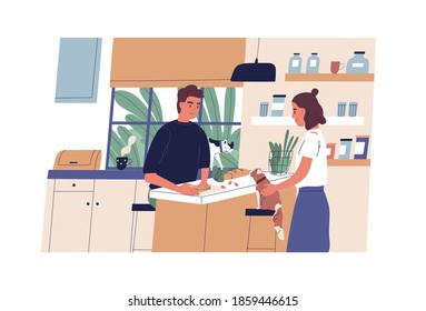 Everyday routine of young couple. Household of husband and wife. Cute family and cats at kitchen, daily home scene. Guy cooking food for breakfast or lunch. Flat vector illustration