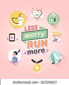 Everyday running concept. Flat icons set of jogging elements. Health life vector illustration.