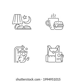 Everyday schedule and routine linear icons set. Evening reading. Lunch meal. Shower and bath. Customizable thin line contour symbols. Isolated vector outline illustrations. Editable stroke