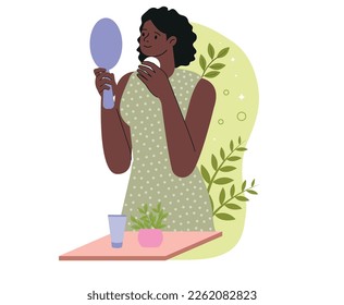 Everyday skin care routine concept. Beautiful young African American girl looks in mirror and applies cleansing gel or scrub on her face. Cartoon flat vector illustration isolated on white background