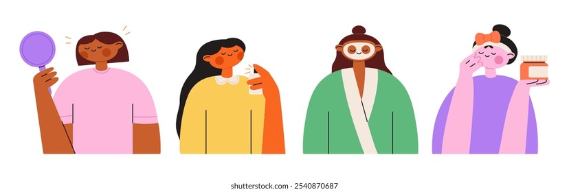 Conjunto de rutina de cuidado de la piel diaria con mujeres. Una mujer joven se unta la cara con crema, se mira en el espejo, se rocía con perfume, se pone una mascarilla de tela. Ilustración vectorial plana aislada en blanco.