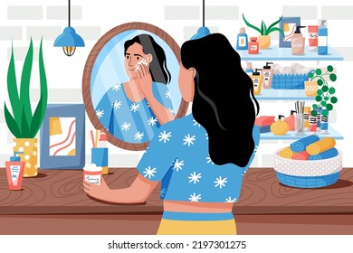 Everyday skincare. Woman cleansing skin. Reflection in mirror. Bathroom care. Young girl morning routine. Clean hygiene. Moisturizing cream. Restroom interior. Vector cartoon illustration