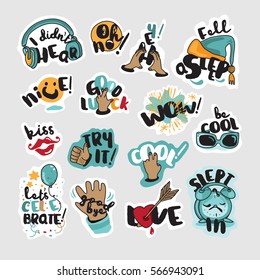 Everyday stickers for mobile messages, chat, social media, online communication, networking, web design, printed material. Set of vector illustration concepts.