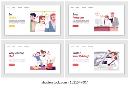 Everyday stress landing page vector templates set. Boss pressure website interface, flat illustrations. Nervous woman. Car driving homepage layout. Routine anxiety web banner, webpage cartoon concept