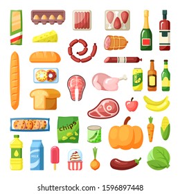 Everyday supermarket food items assortment flat vector illustrations set