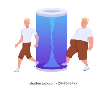 Everyday teleportation concept. Vector illustration depicts a relaxed man entering and exiting a high-tech portal, evoking the ease of modern, instantaneous travel.