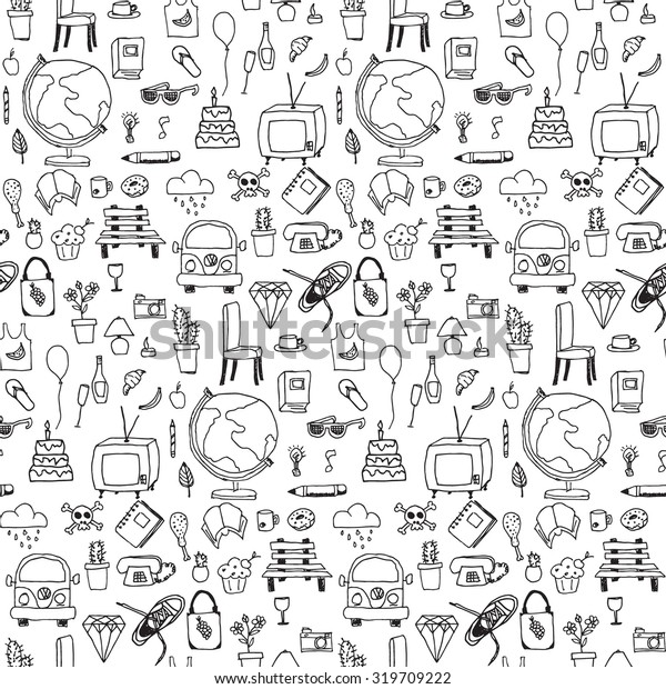 Everyday things, handdrawn, black and white,\
seamless pattern, vector\
illustration