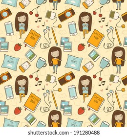 Everyday things of life. Seamless pattern with cute little girl and her favorite things