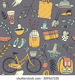 Everyday things. Naive good mood doodle in vector. Bicycle, food, garden, cloths, tea time.