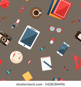 Everyday things Seamless Pattern, Tablet, Smartphone, Camera, Notebook, Key, Glasses, Coffee Cup, Wrist Watch, Sandwich, Wallet, Design Element Can Be Used for Wallpaper, Packaging Vector Illustration