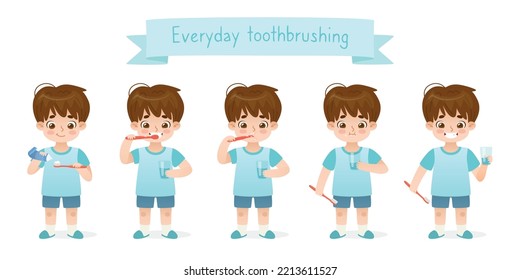 Everyday toothbrushing set with cartoon baby boy. Dental hygiene for kids. Cute child brush his teeth. 