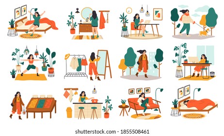 Everyday woman routine. Female daily activities and leisure performing collection, girls life days colorful scenes, ladies lifestyle sleeping and working, training and walking. Flat cartoon vector set