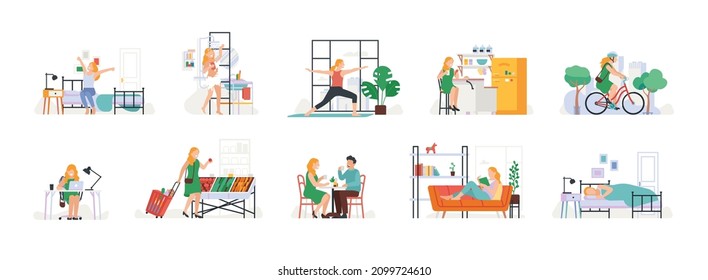 Everyday woman routine. Girls day mode. Free and working time. Rest and activity. Sleeping in bed and waking-up. Shopping and sports training. Cycling in park. Vector