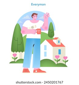 In: Everyman Archetype Illustration. Eine ähnliche, fröhlich winkende Figur, die vor einer heimeligen Kulisse steht. Freundliches und zugängliches Vektorgrafik-Bild.