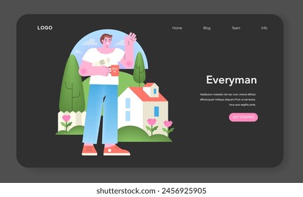 Everyman Archetype illustration. A relatable character waving cheerfully, standing before a homey backdrop. Friendly and approachable vector image.