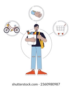 Everyman person archetype flat line concept vector hero illustration. Man with backpack and grocery bag 2D cartoon outline character on white for web UI design. Editable isolated color hero image