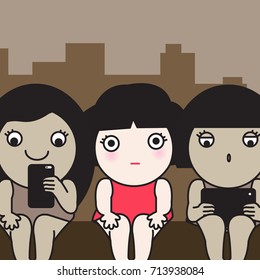 Everyone Busy In Themselves With Mobile Cell Phone And Tablet Except The Different Girl In Red Dress Who Had Nothing To Do While Traveling On Bus Or Train Concept Card Character illustration