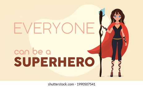 Todos pueden ser un cartel de superhéroe. Chica con un manto rojo. Mujer superheroína. Concepto de persona exitoso. Vector.