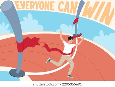 Everyone can win. Cheerful and joyful man finishes by tearing the finish tape. Trendy motivational poster. Vector graphics
