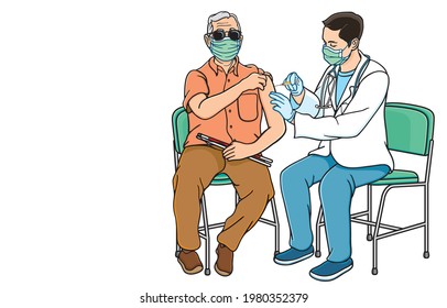 Everyone, including people with disabilities, has equal access to vaccination and coronavirus treatment during coronavirus pandemic Concept. Illustration, art, graphic, vector isolated on background.