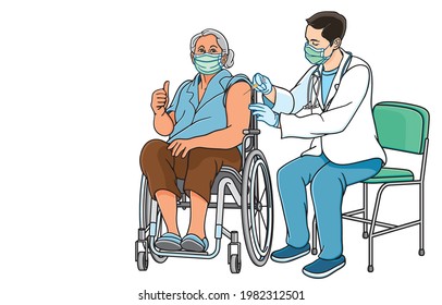 Everyone, including people with disabilities, has equal access to vaccination and COVID-19 treatment during coronavirus pandemic Concept. Illustration, art, graphic, vector isolated on background.