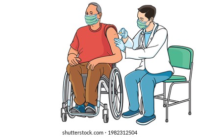 Everyone, including people with disabilities, has equal access to vaccination and COVID-19 treatment during coronavirus pandemic Concept. Illustration, art, graphic, vector isolated on background.