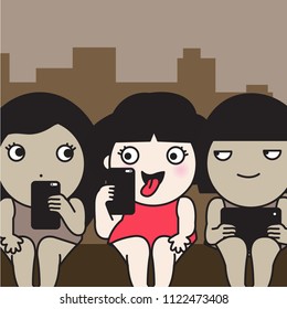 Everyone Look At The Girl Who Sticking Her Tougue Out At Mobile Cell Phone While Travelling On Bus Or Train Concept Card Character illustration