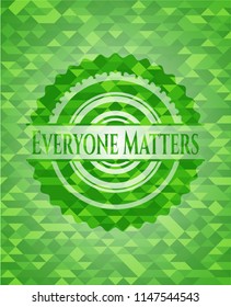 Everyone Matters green emblem with mosaic ecological style background